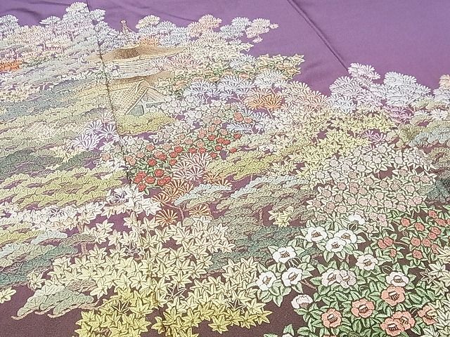 平和屋-こころ店■豪華色留袖 総刺繍 風景草花文 暈し染め 金糸 正絹 逸品 AAAD3956Bzgの画像4