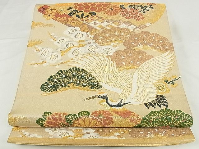 平和屋-こころ店◎アンティーク　大正ロマン　丸帯　絵巻飛鶴花文　鷹　金糸　正絹　逸品　AAAD1341Ahg_画像1