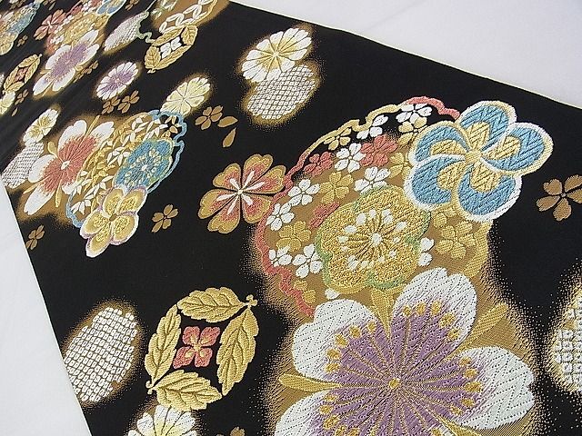 平和屋2■両面六通柄袋帯 宝寿 雪輪花文 QUEEN SIZE REVERSIBLE 黒地 金銀糸 逸品 DAAB9284eeeの画像2