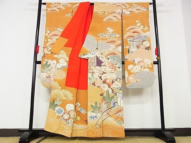 平和屋-こころ店■アンティーク 大正ロマン 振袖 駒刺繍 御所車花文 暈し染め 金彩 正絹 逸品 AAAD3934Bzgの画像2