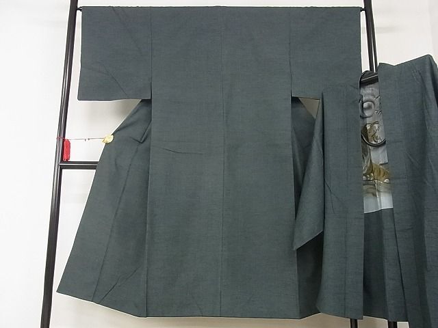 平和屋-こころ店■男性　紬　アンサンブル　黒緑色　正絹　逸品　AAAD0977cy_画像1