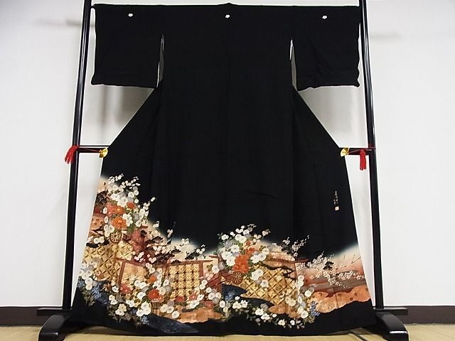  flat peace shop - here . shop # Tanizaki Jun'ichiro. world kurotomesode piece embroidery flower car writing .. dyeing gold paint silk excellent article AAAD3223Bph