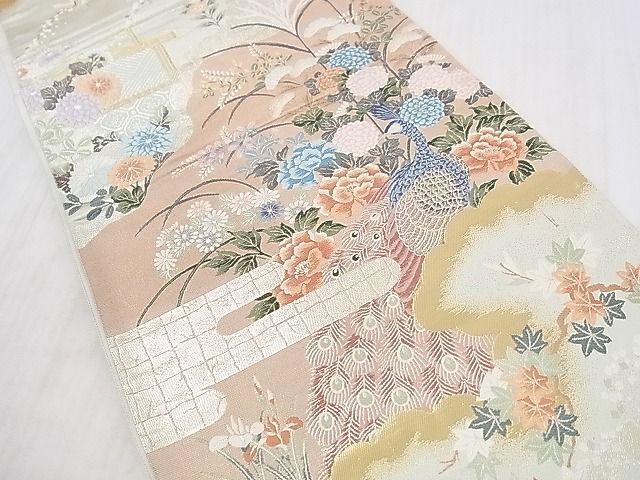 平和屋2◎六通柄袋帯 花集孔雀文 九百錦本金箔入 逸品 DAAA2279mzの画像2