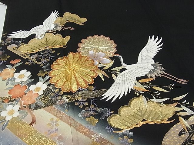  flat peace shop - here . shop # Tanizaki Jun'ichiro. world kurotomesode piece embroidery . crane flower writing ... gold silver . silk excellent article unused AAAD6964Bwt