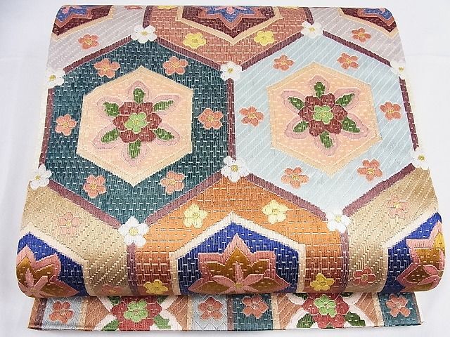 平和屋-こころ店■極上 全通柄袋帯 絽刺し 区限刺繍 亀甲花文 金糸 正絹 逸品 AAAD5764Bjdの画像2