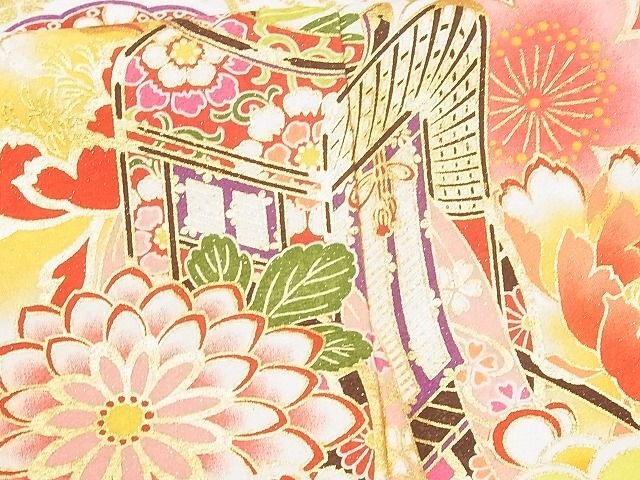 平和屋-こころ店■豪華振袖 刺繍 御所車花文 暈し染め 金彩 銀通し地 正絹 逸品 AAAD4245Ataの画像7