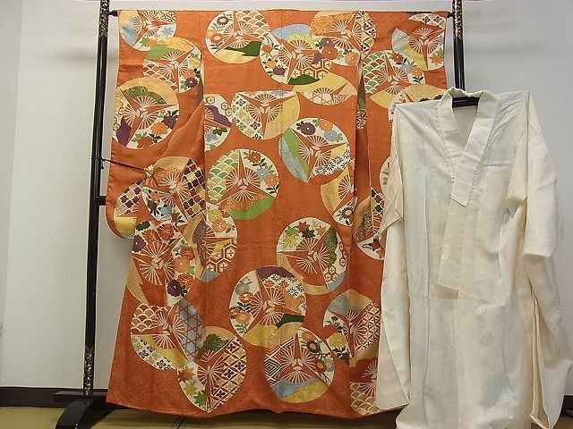 平和屋2■豪華振袖・長襦袢セット(無双仕立て)　駒刺繍　扇面吉祥花文　金彩　逸品　DAAB1219jm_画像1