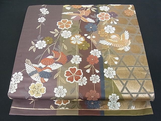 平和屋川間店■両面六通柄袋帯　唐織　枝垂れ花　舞鳥文　金糸　逸品　et1367_画像2