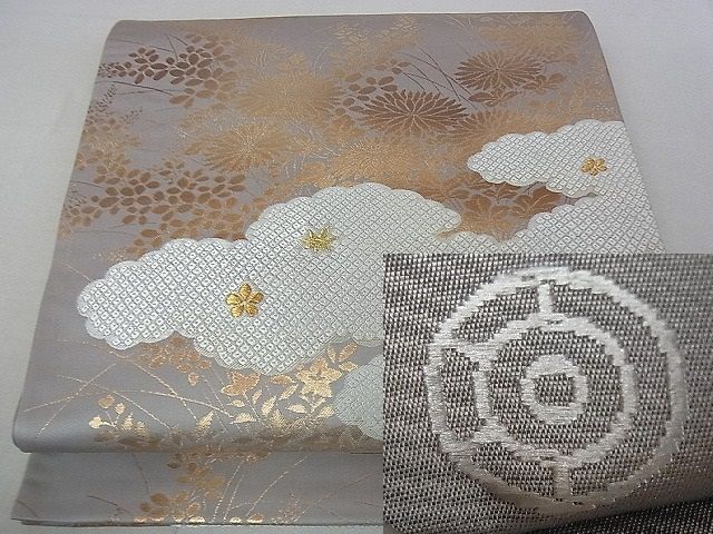 平和屋2◎西陣 河合美術織物謹製 六通太鼓柄袋帯 刺繍 雲霞草花文 金糸 逸品 DAAB0632udの画像1