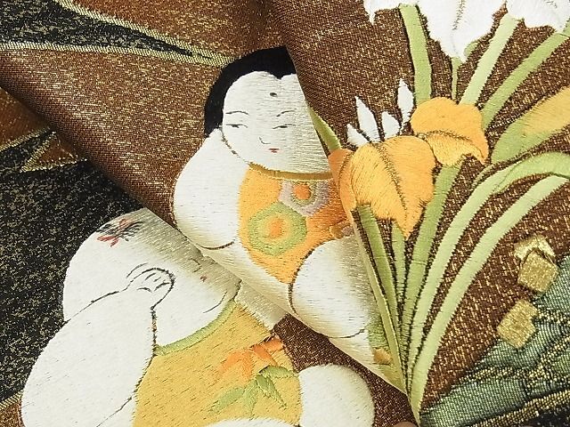 平和屋-こころ店◎九寸名古屋帯　刺繍　唐子　黒地　金糸　正絹　逸品　AAAC2975Ahg_画像4