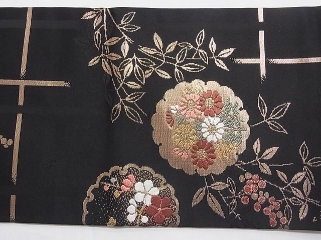 平和屋-こころ店◎九寸名古屋帯 唐織 雪輪に格子 黒地 金糸 正絹 逸品 AAAD2043Agkの画像4