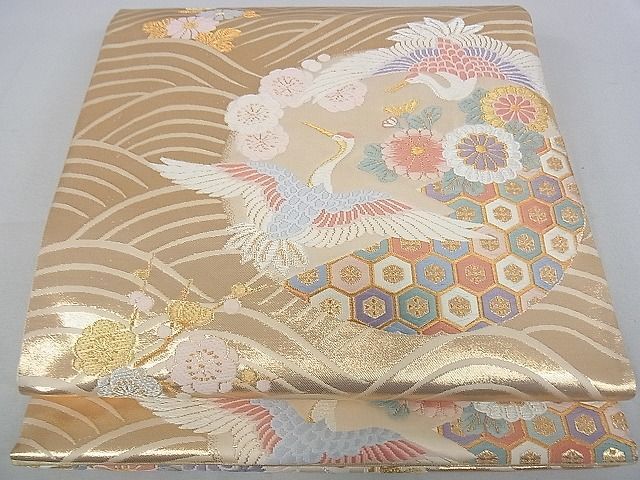 平和屋2◎六通柄袋帯　唐織　飛鶴吉祥花文　金糸　逸品　DAAB0668ud_画像1