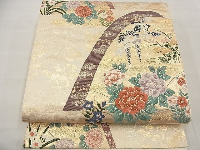 平和屋野田店◎六通柄袋帯　唐織　エ霞重ね山花文　金糸　逸品　BAAD0803ea_画像1