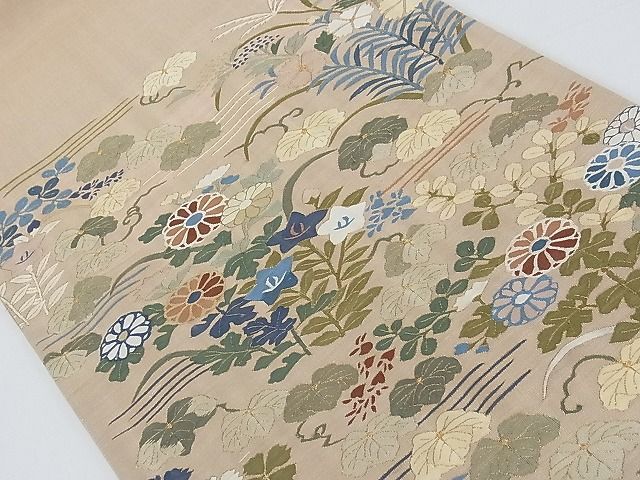 平和屋-こころ店■明綴れ 袋帯 風景草花文 金糸 正絹 逸品 AAAD1889Aogの画像2