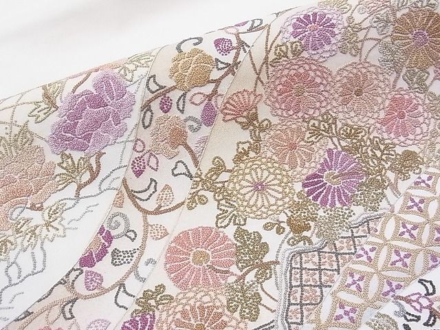 平和屋1■太鼓柄袋帯　総相良刺繍　草花文　逸品　CAAC2221hy_画像3