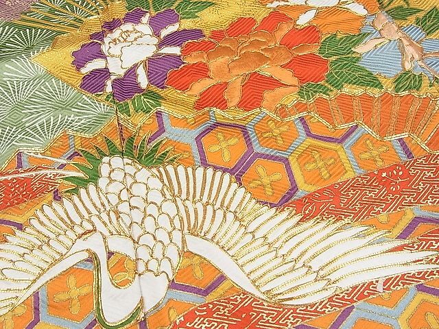 平和屋2■豪華振袖 駒刺繍 吉祥扇面飛鶴花文 金彩 逸品 DAAA8656feの画像4