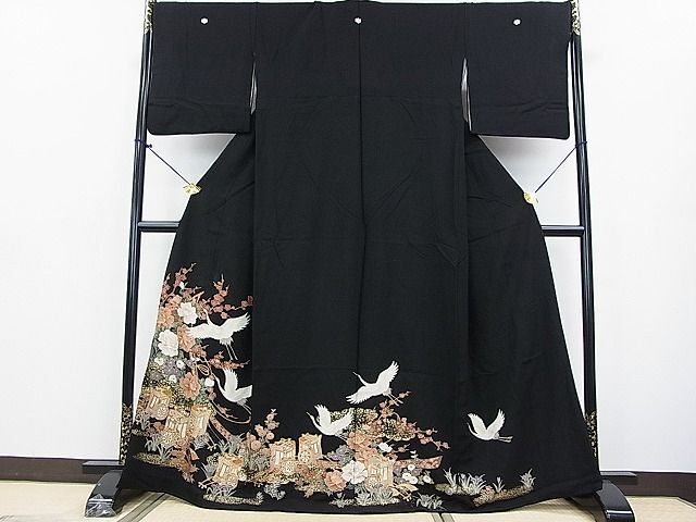 平和屋2■豪華黒留袖　御所車飛鶴花文　金彩　逸品　DAAA8807fe_画像1