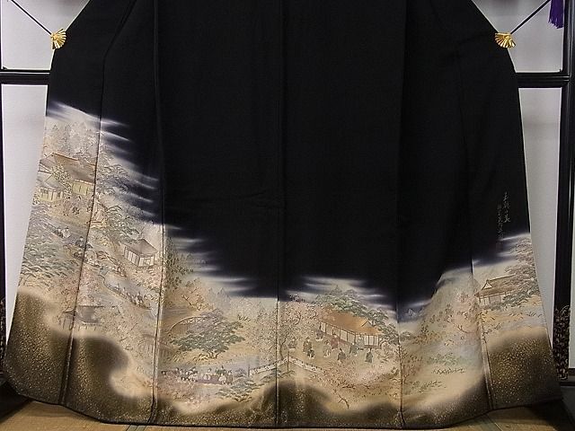 平和屋1■豪華黒留袖　作家物　寿光織　王朝の美　神泉苑御游図　金糸　逸品　CAAC1944an_画像3