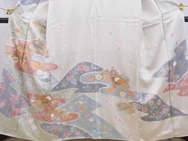 平和屋野田店■訪問着　作家物　雪花作　駒刺繍　地紙流水菊花文　金彩　逸品　BAAD1469gh_画像3