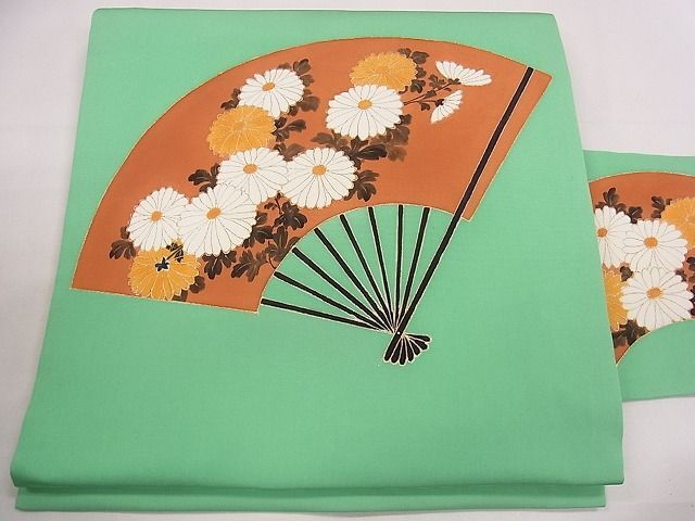 平和屋1◎塩瀬　九寸名古屋帯　扇面菊文　金彩　逸品　CAAC4953eg_画像1