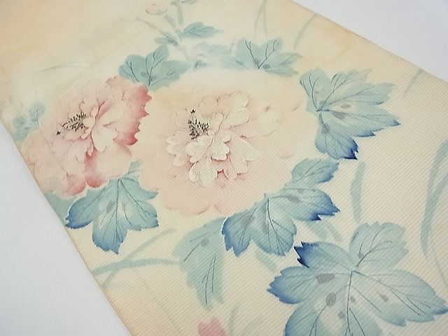 平和屋1■アンティーク　大正ロマン　丸帯　手描き　刺繍　草花文　銀彩　逸品　CAAB4037tx_画像2