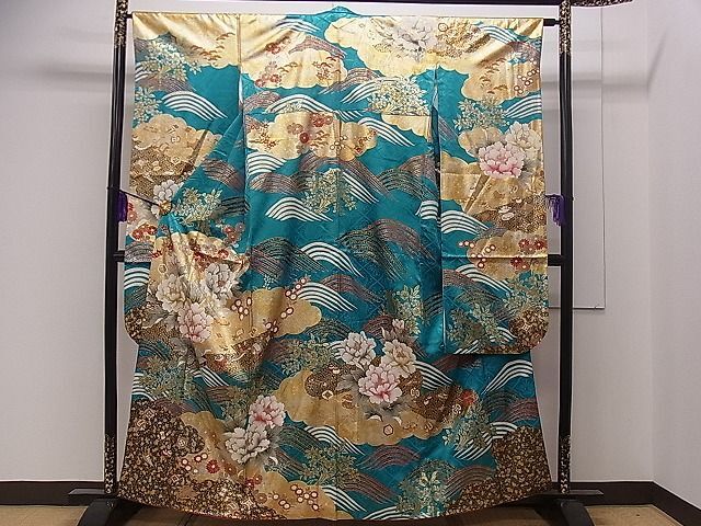 平和屋1■豪華振袖　駒刺繍　雲取り草花文　金銀彩　反端付き　逸品　CAAA5420dy_画像1