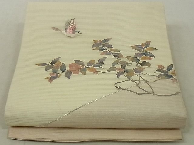 平和屋-こころ店■夏物　九寸名古屋帯　駒刺繍　花鳥文　金彩　正絹　逸品　AAAE5389Awj_画像1