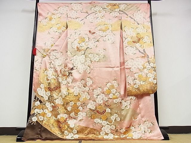  flat peace shop - here . shop # gorgeous long-sleeved kimono piece embroidery . water flower butterfly writing .. dyeing gold paint silk excellent article AAAE1325Bzg