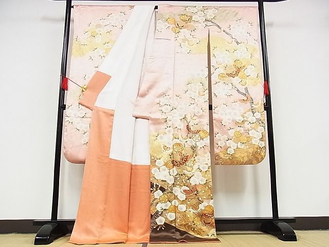  flat peace shop - here . shop # gorgeous long-sleeved kimono piece embroidery . water flower butterfly writing .. dyeing gold paint silk excellent article AAAE1325Bzg