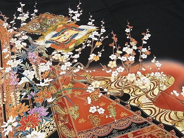 平和屋-こころ店■豪華黒留袖　駒刺繍　向かい鳥花文　枝桜　暈し染め　金彩　正絹　逸品　AAAE1458Bzg_画像4