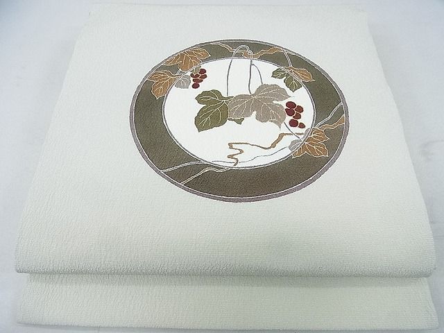 平和屋2◎九寸開き名古屋帯　刺繍　葡萄蔦の葉絵皿文　金彩　逸品　DAAA6580ya_画像1