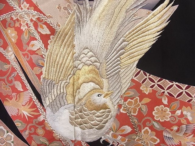  flat мир магазин - здесь . магазин #1 иен кимоно куротомэсодэ совместно 50 пункт феникс .. хвост длина птица пейзаж цветочный принт вышивка золотой серебряный нить и т.п. "надеты" возможность большое количество не использовался товар есть все натуральный шелк hi1511