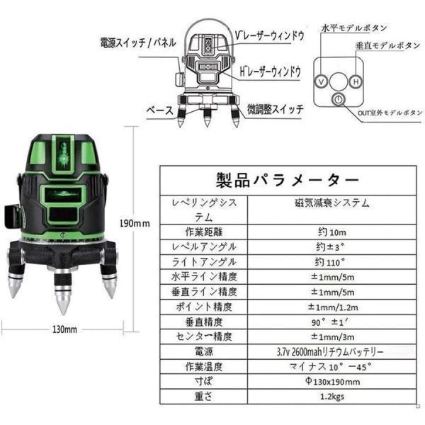 1円 グリーンレーザー 墨出し器 5ライン 6点 フルライン高精度 光学測定器 4方向大矩照射モデル 建築 基礎 レーザー墨出し器 バッテリー*2_画像8