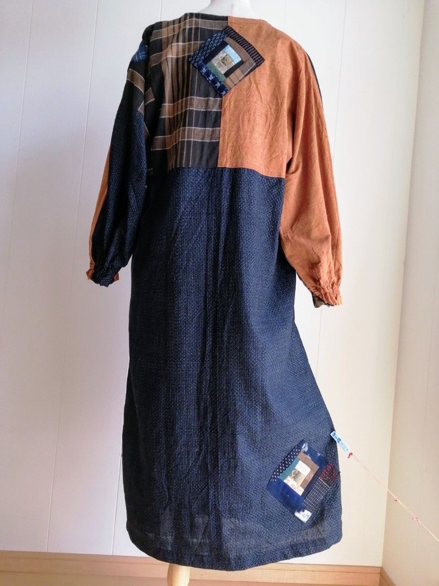 土佐紬、古布、藍染、絣、紬、更紗●パッチワーク ロングワンピース●着物リメイク