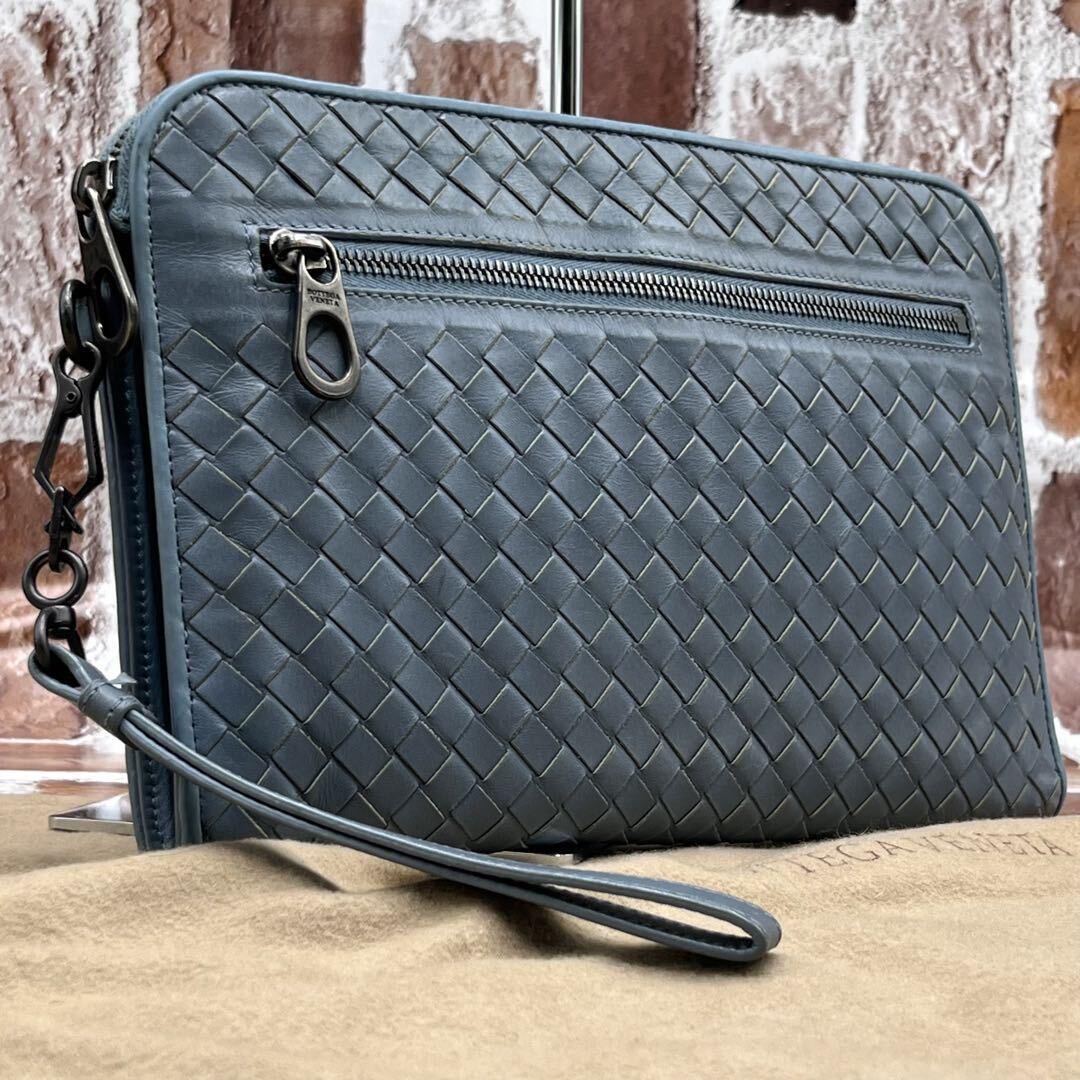 極美品BOTTEGA VENETA ボッテガヴェネタ セカンドバッグ クラッチバッグ イントレチャート レザー ビジネス メンズ ブルー 水色の画像1