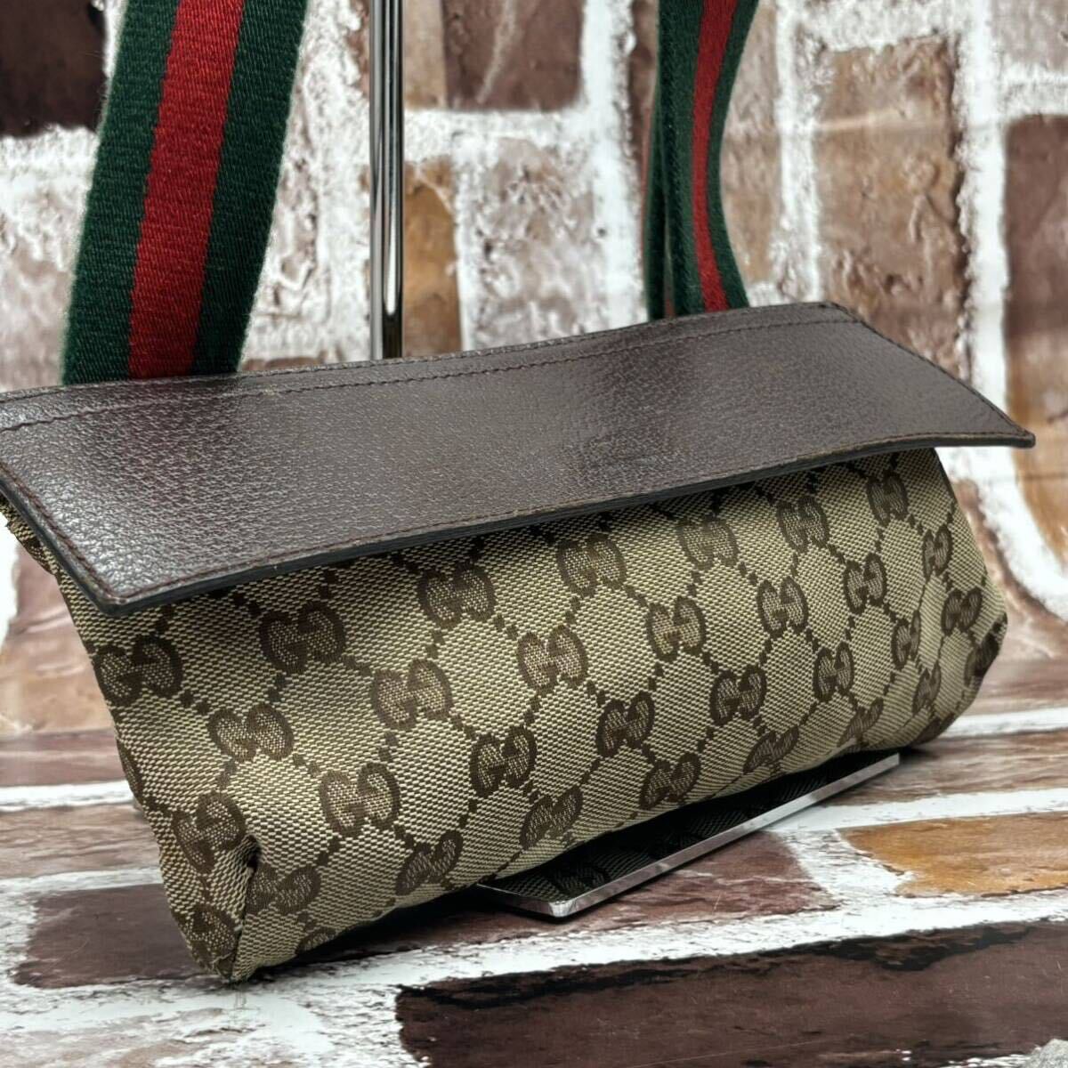 美品 GUCCI グッチ 180691 ショルダーバッグ ボディ ウエストポーチ GGキャンバス シェリーライン レザー メンズ レディース