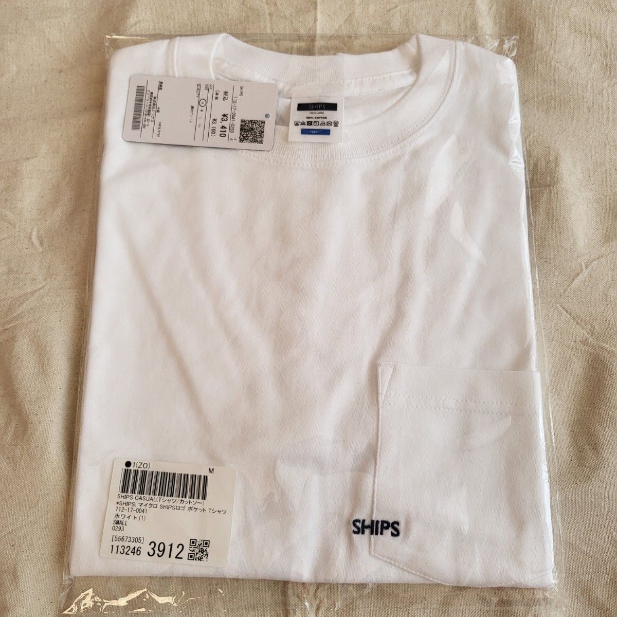 SHIPS マイクロ SHIPSロゴ ポケット Tシャツ 半袖 メンズ Sサイズ ホワイト 刺繍 青 ブルー ネイビー