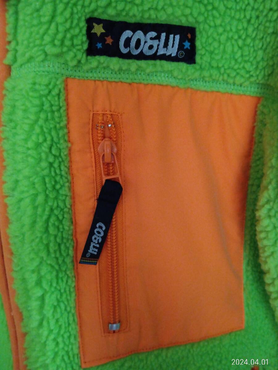 中古　メンズSサイズ　フリース　ジップアップジャケット　グリーン×オレンジ　まだまだ使える！　ボーイズ＆ガールズにも！　アウトドア_胸ポケット