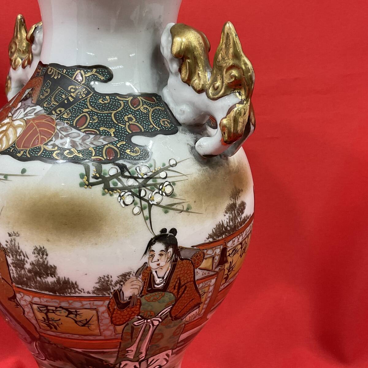 九谷焼 獅子付き 壺 花瓶 高さ約30cm 耳付 金彩 色絵 鶴 生花 花器 陶器(C1161)_画像6