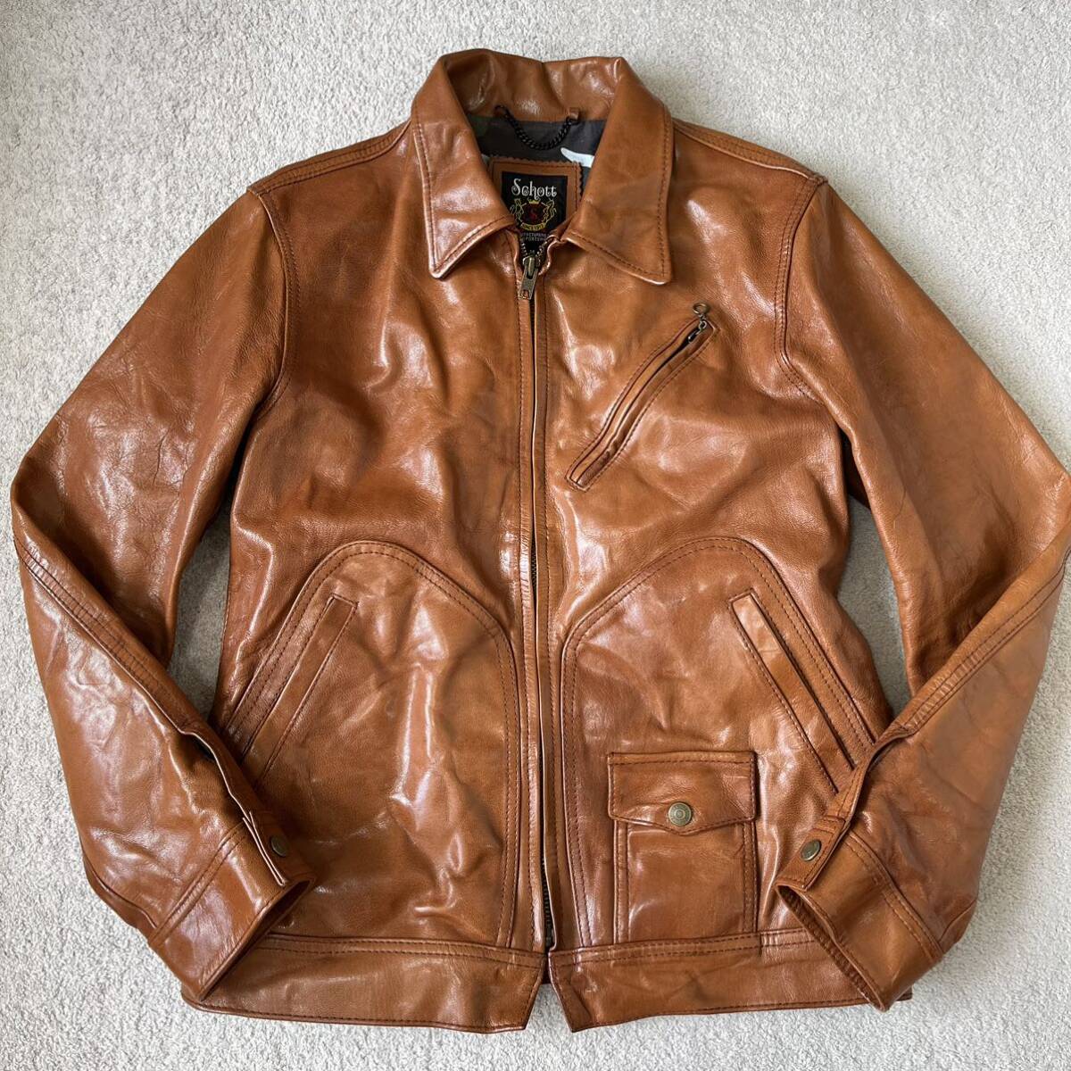  beautiful goods * Schott Schott leather jacket Rider's single camouflage camouflage single collar attaching original leather Brown outer leather jacket 3161042