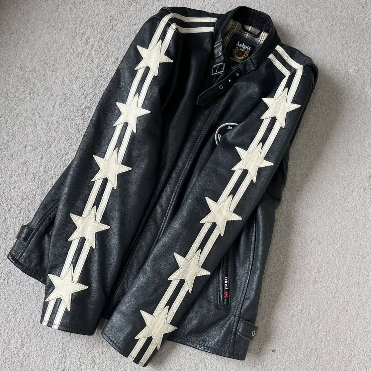 L size 100. year of model * Schott Schott Classic Racer jacket Rider's leather star article flag Star studs check single black 