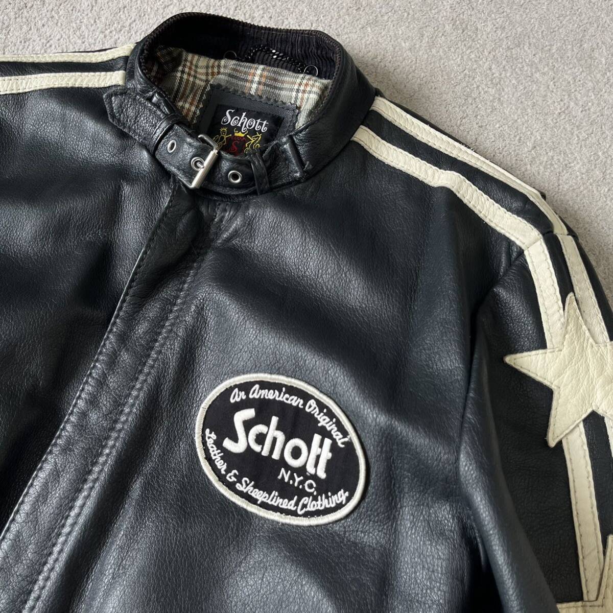 L size 100. year of model * Schott Schott Classic Racer jacket Rider's leather star article flag Star studs check single black 