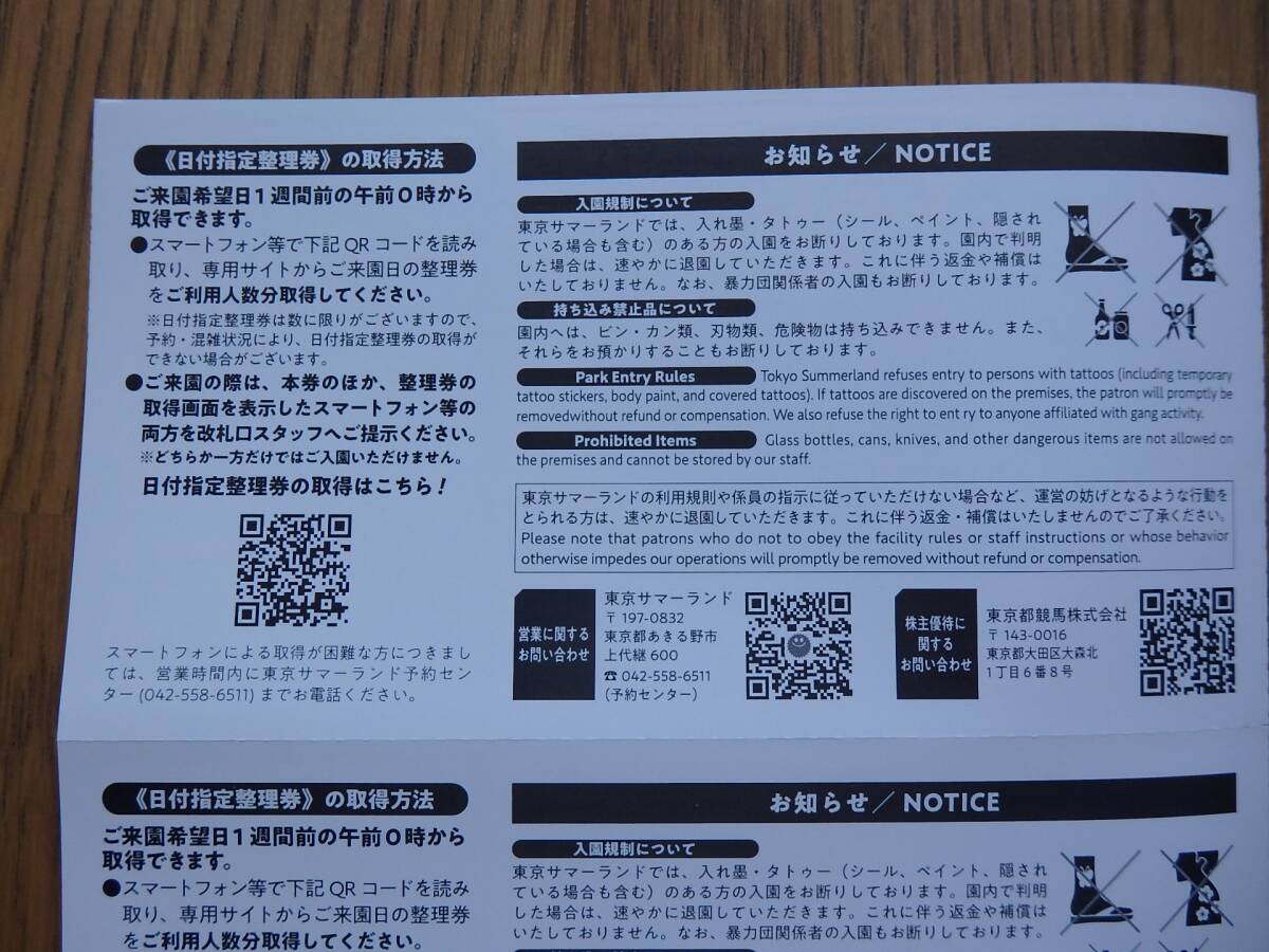 東京サマーランド1DAYパス 4枚セット 有効期限2024年10月14日 夏季利用可の画像3
