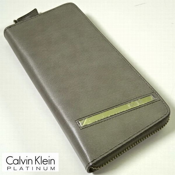 新品 CALVIN KLEIN PLATINUM カルバンクライン 本牛革 レザー ラウンドファスナー 長財布 灰 小銭入れ カード 札 メンズ 男性 紳士用の画像1