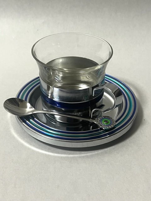 BLUE LINE ブルーライン ティーセット ステンレスカップ&ソーサー 洋食器 コーヒーカップ 紅茶 ティータイム スプーン付き 5客セット 来客_画像3