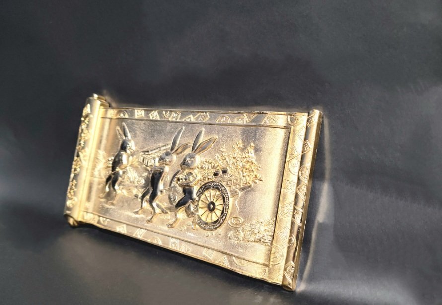 うさぎの巻物風 置き物 絵巻 インテリア 飾り 24KGP 金メッキ 風水 縁起物 黄金の画像2