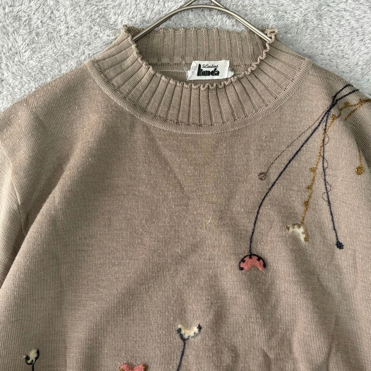 日本製 日本ニット 毛 ブラウン系 刺繍 花 セーター 春まで着れる薄手 レトロ
