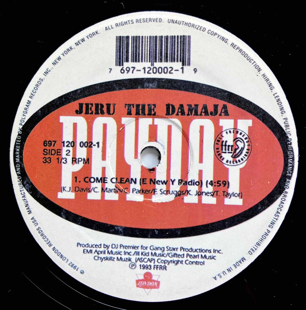 Jeru The Damaja / Come Clean【12''】※同盤２枚 / 1993 / US / Payday / 697-120-002-1 / 検索：333yen vinyl_画像2