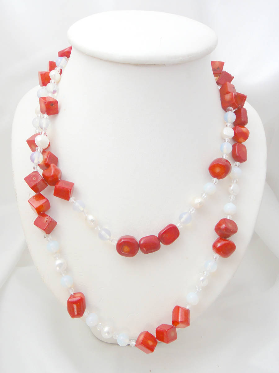 195* sharing equipped Celeb *. red color ..* natural stone * fresh water pearl opa light crystal long necklace 