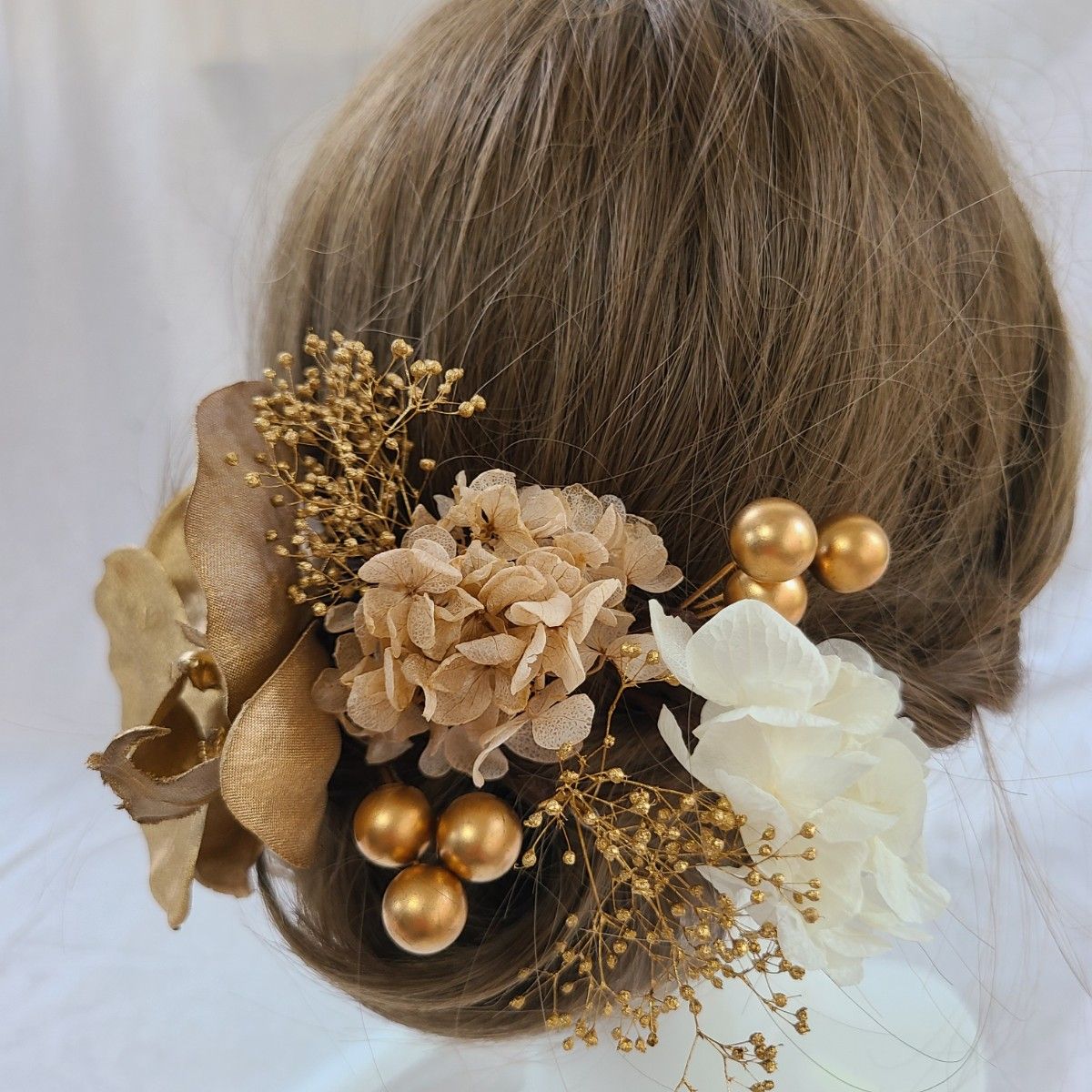 オリジナル髪飾り「胡蝶蘭アジサイ」成人式 髪飾り結婚式和装ゴールド